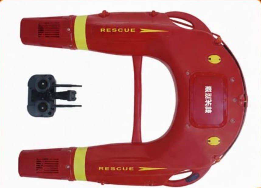 Red U-shaped AquaBot Lifebuoy rescue robot with its remote controller