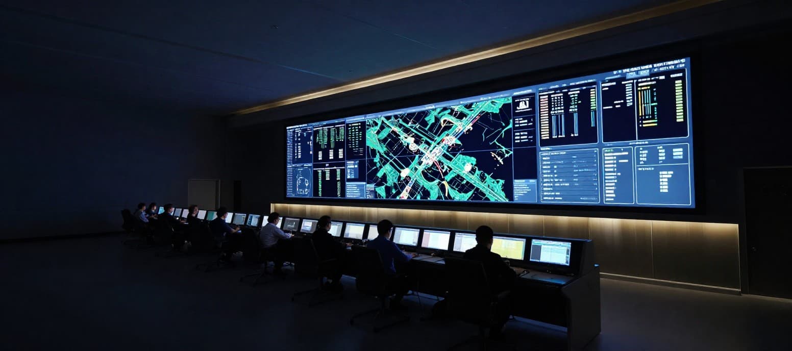 A darkened control room with a wide wall of live map and data screens