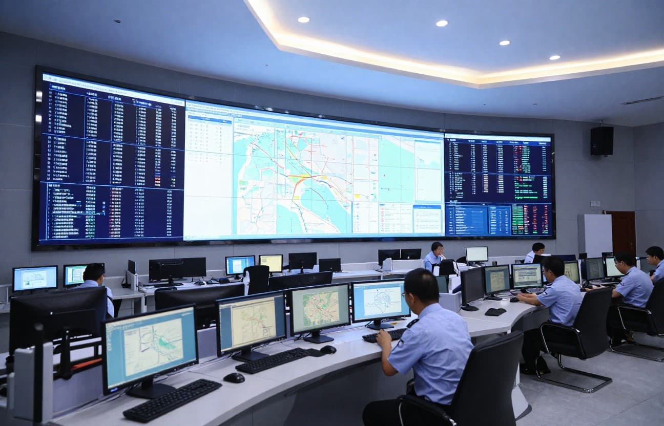 Police operators at workstations in front of a large situational-awareness display