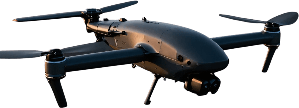 Dark grey folding quadcopter drone with a gimbal camera, cut out on transparent background