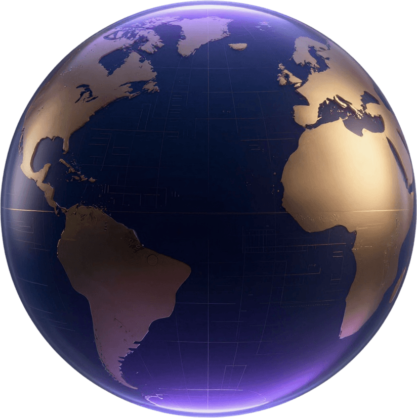 Navy and gold globe with a violet glow, transparent background