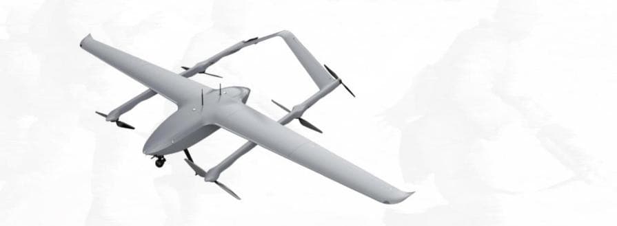 Loong 5 long-range tactical VTOL drone in flight on a white background