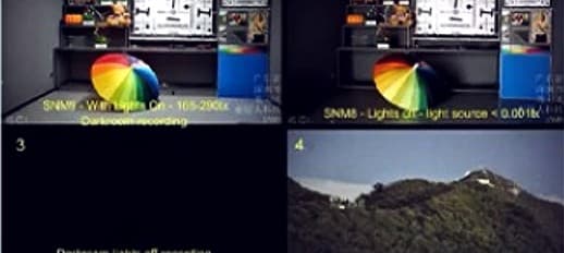 Manufacturer test footage comparing a colour chart in normal light and near-darkness
