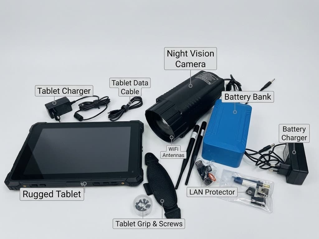 Night vision field kit laid out: camera, rugged tablet, battery bank, chargers and cables