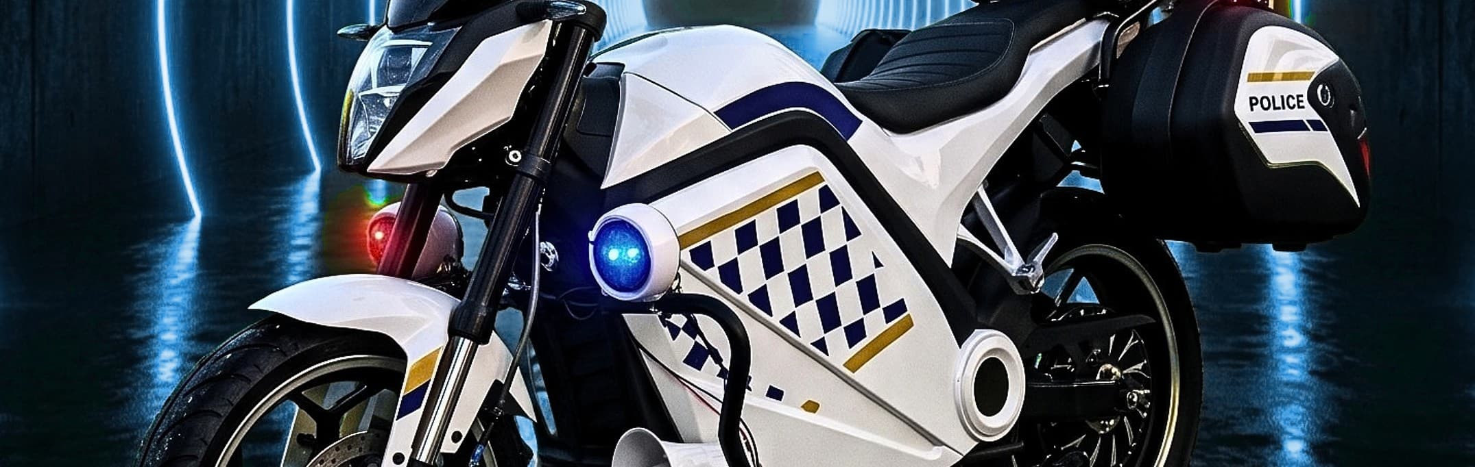 Electric police patrol motorcycle with light trails, wide crop