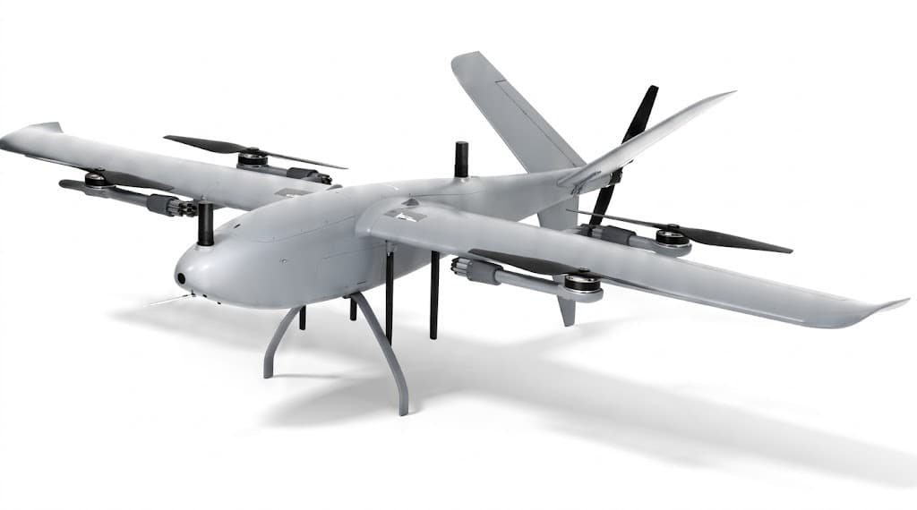 AI Tracking VTOL drone with four lift rotors and a pusher propeller, white background