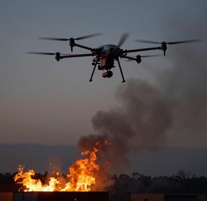 Hose-lifting drone above a grass fire and smoke